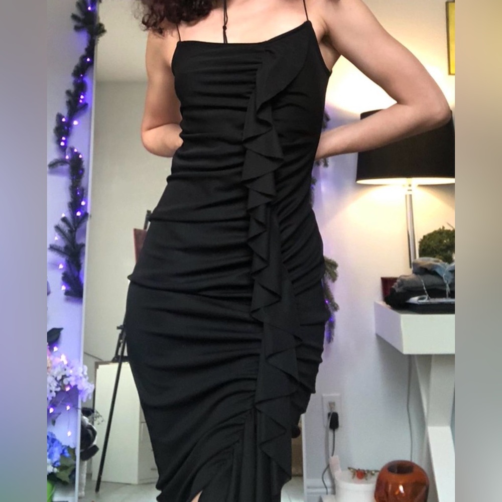ZARA Black Ruffled Ruched Midi Dress in Black - Size M